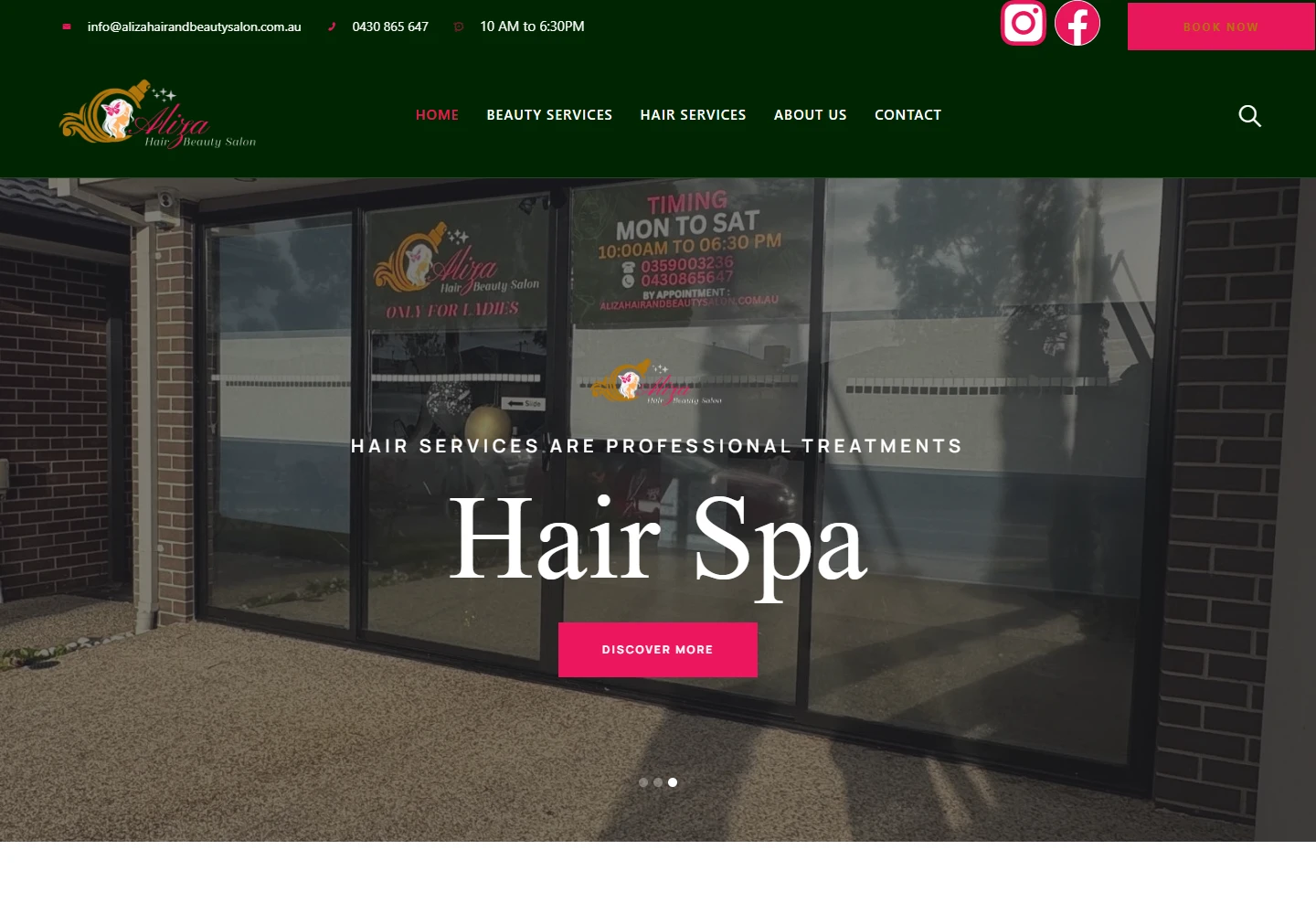 Aliza Hair & Beauty Salon actual desktop website screenshot