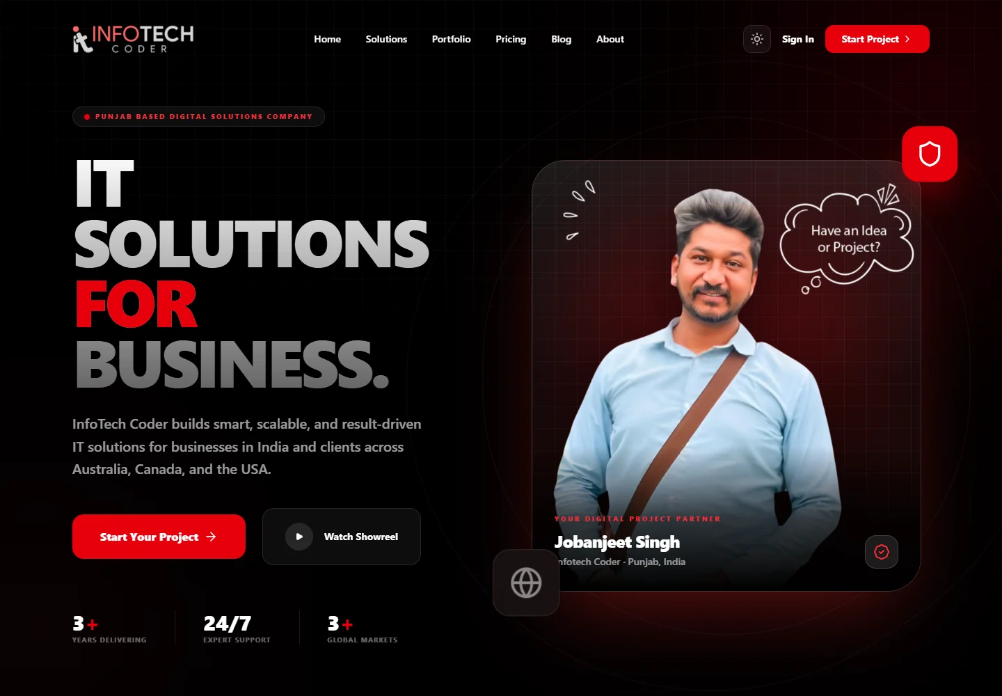Infotech Coder actual desktop website screenshot