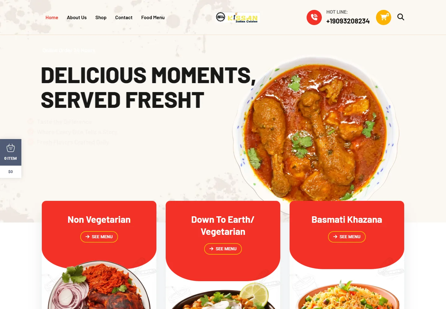 Kissan Indian Cuisine actual desktop website screenshot